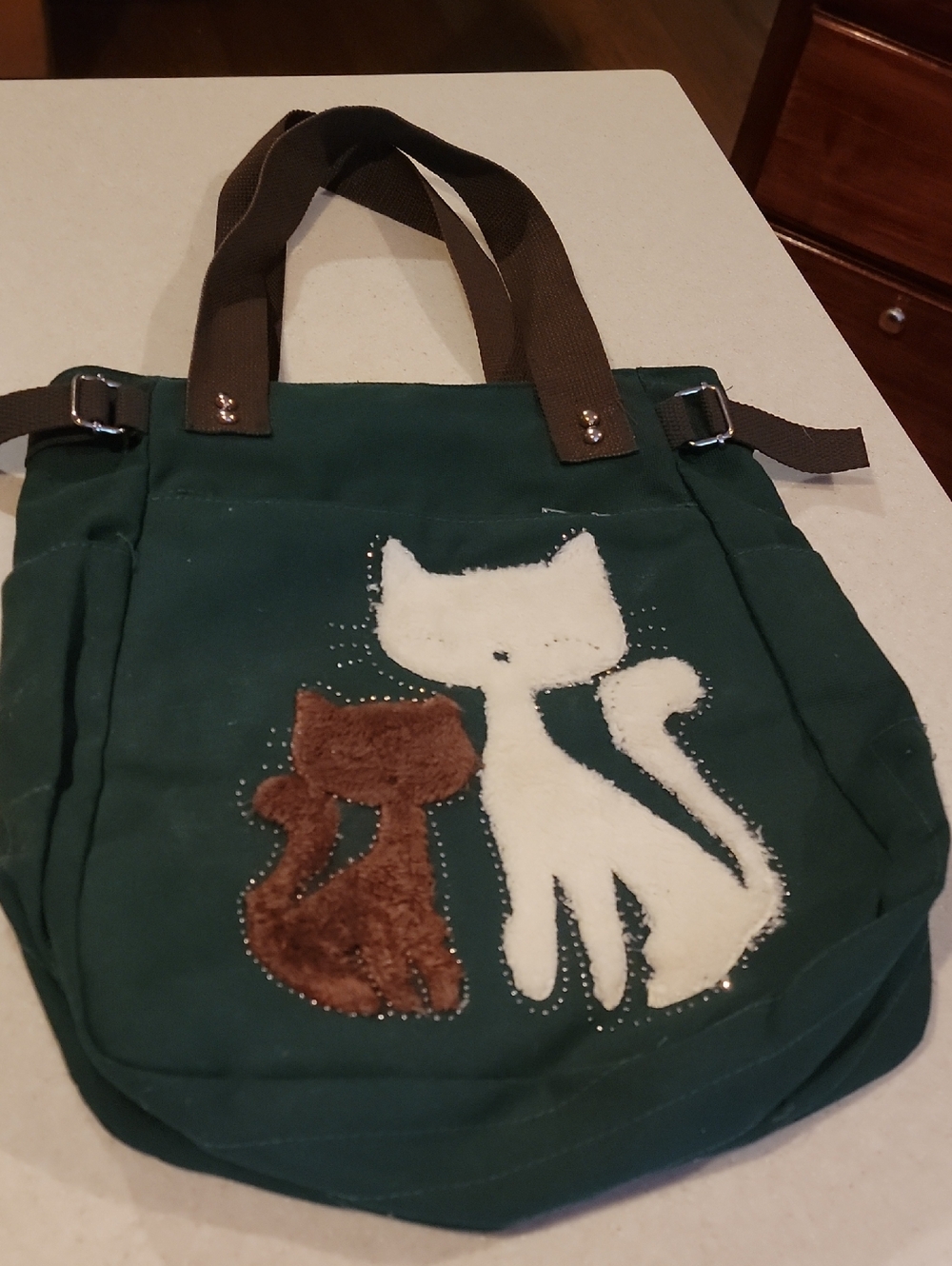 Green Tote Bag with White and Brown Cat Appliqué